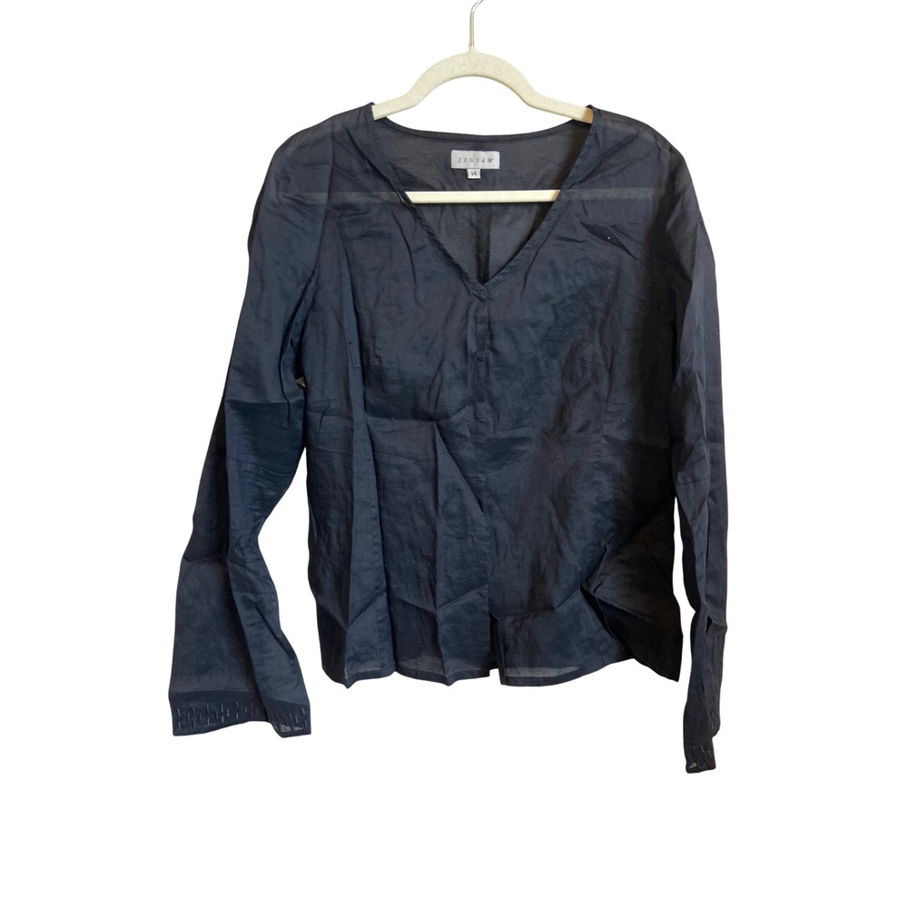 Jigsaw Womens Black Cotton Voile V-Neck Blouse Embroidered Cuff 14
